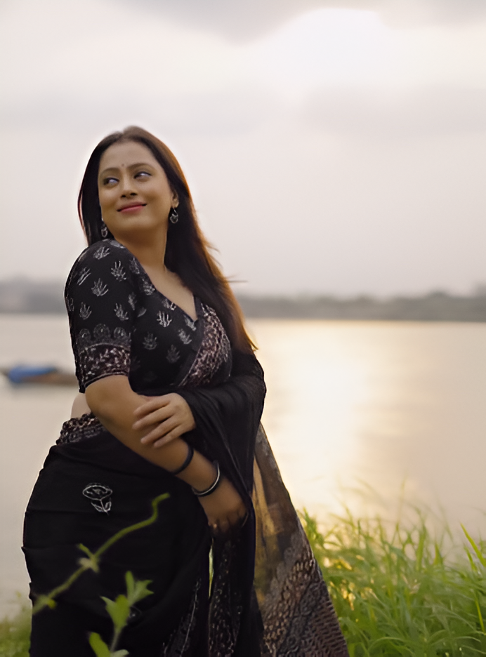 Premium Kantha Work & Tassels Black Ajrakh Handwork Chanderi Cotton Saree with Blouse