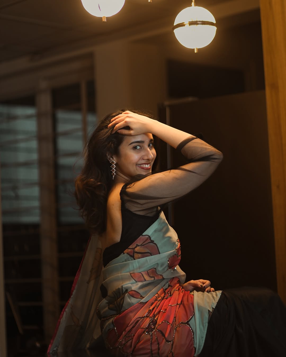 Black Satin Hand Embroidery Floral Pallu & Bead Work Kalamkari Printed Saree with Blouse