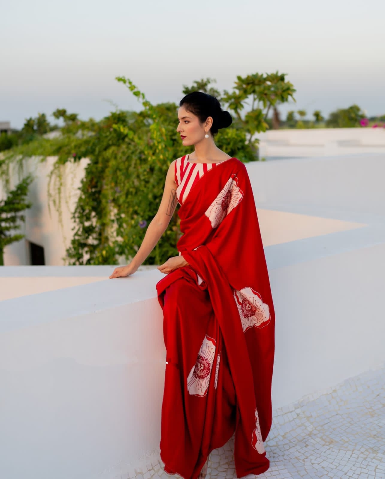 Elegant Red Digital Print Saree in Original Japan Satin (Devsena Satin) with Matching Blouse
