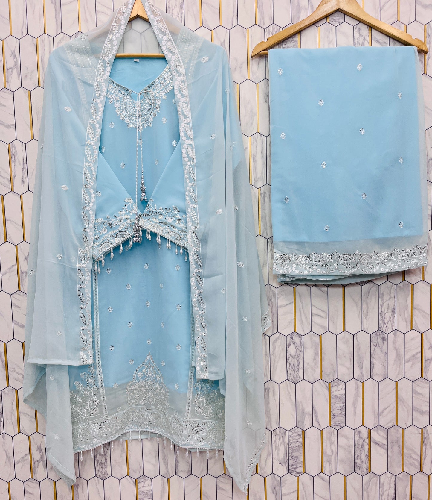 Embroidered Sequence Work Fox Georgette Kurta Palazzo Set with Dupatta