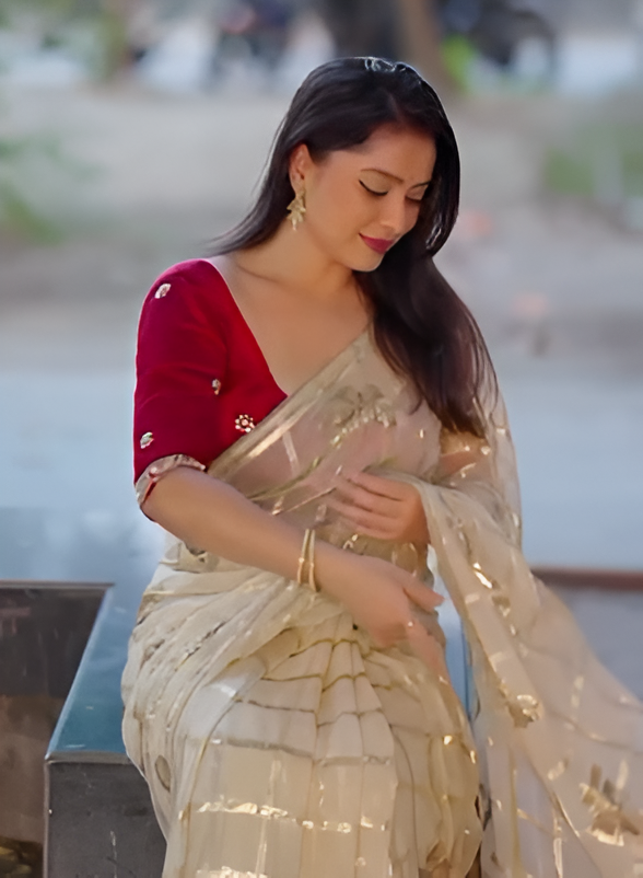 Zari Chex & Butterfly Embroidery Sequins Pure Viscose Georgette Saree with Blouse