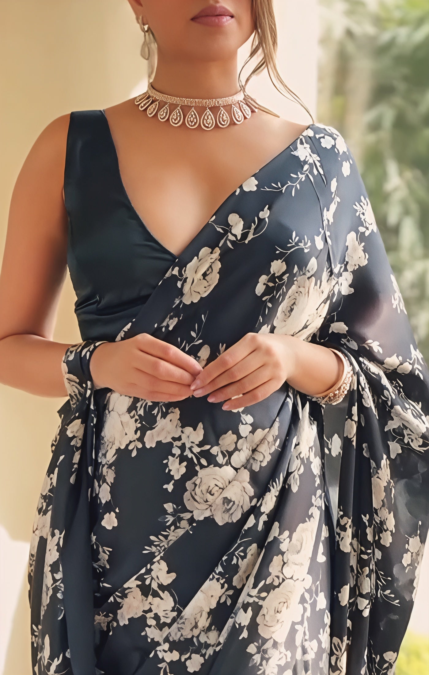 Floral Digital Print Original Japan Satin Saree with Matching Attached Blouse