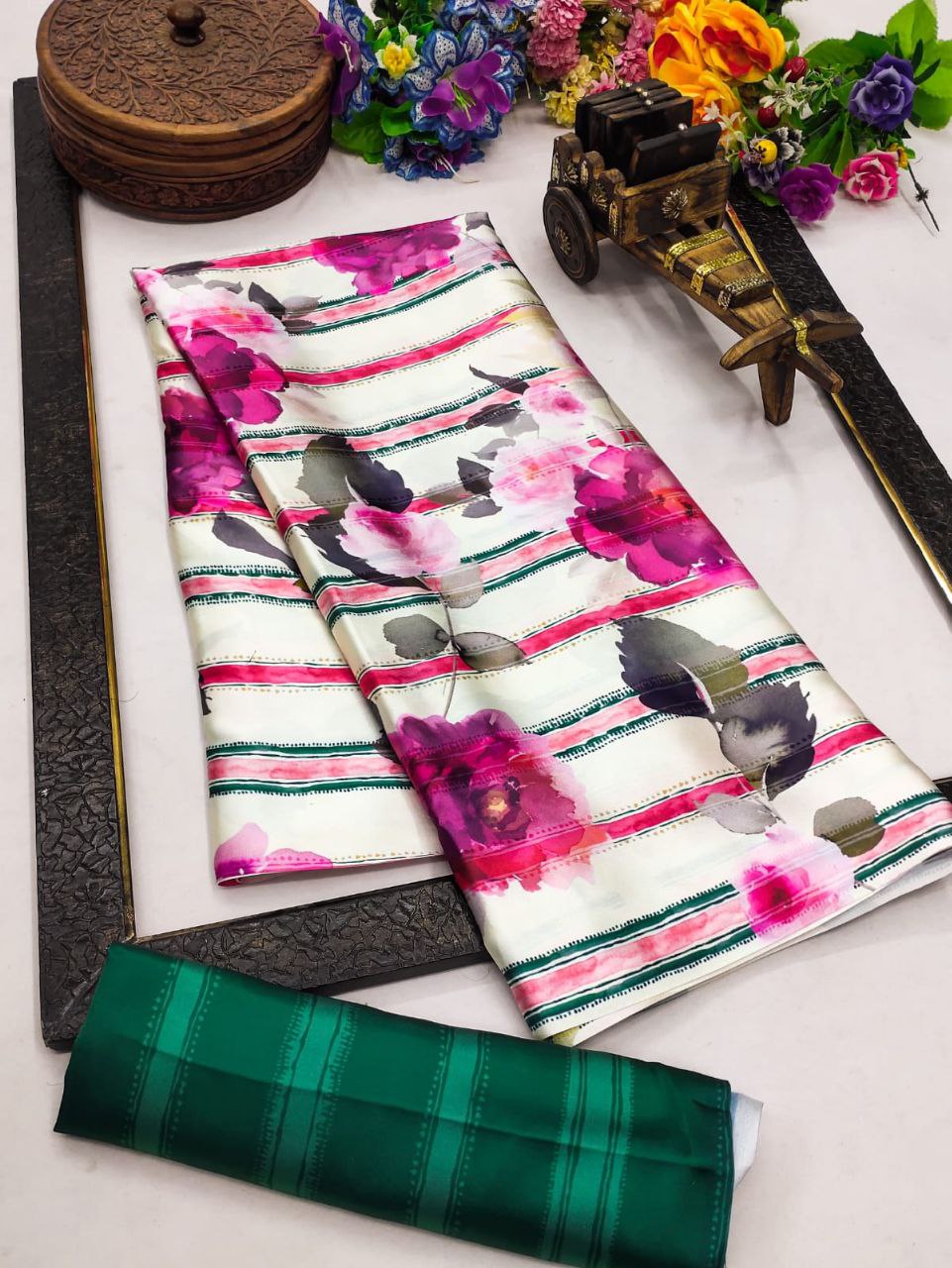 Floral Digital Print Japan Satin Silk Saree with Blouse
