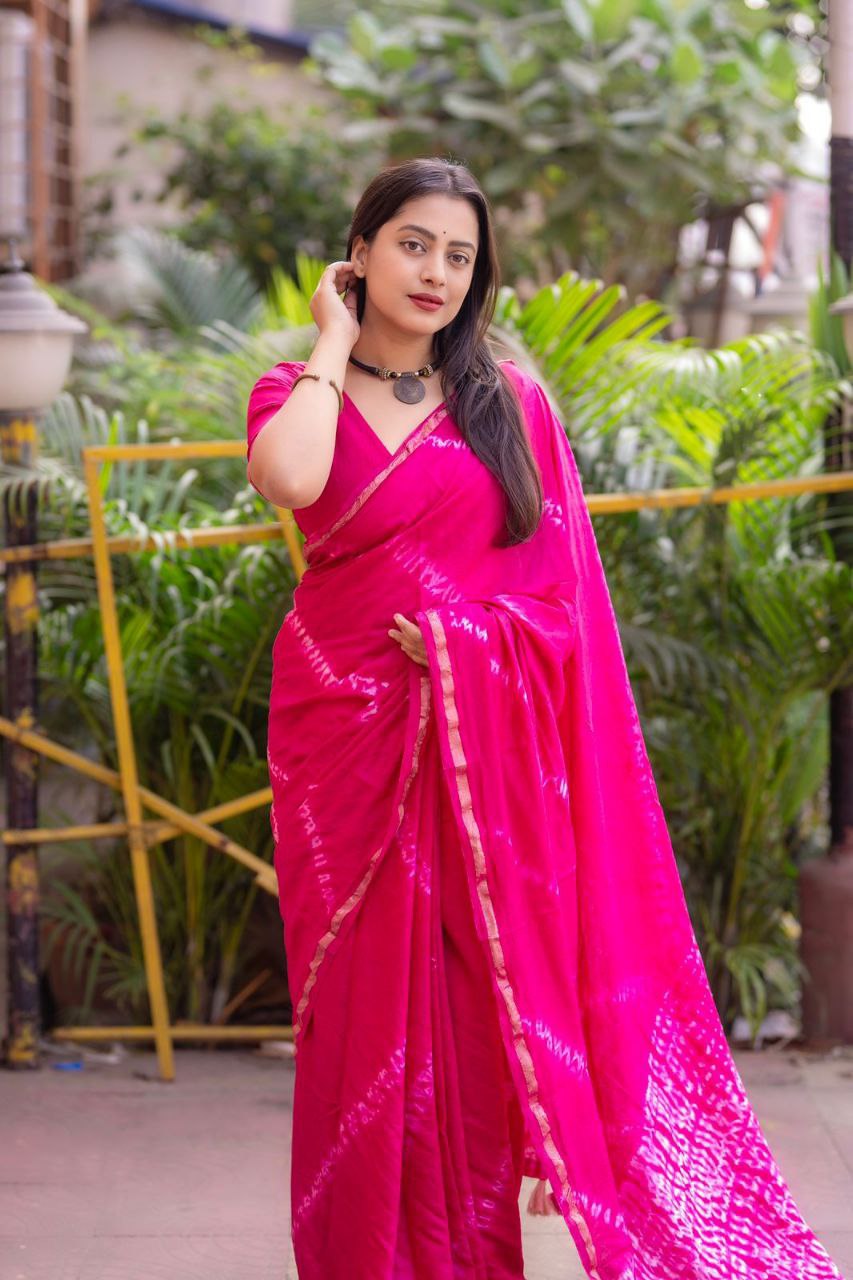 Pure Chanderi Hand-Tied Zari Pattu Border Bandhani Saree with Blouse