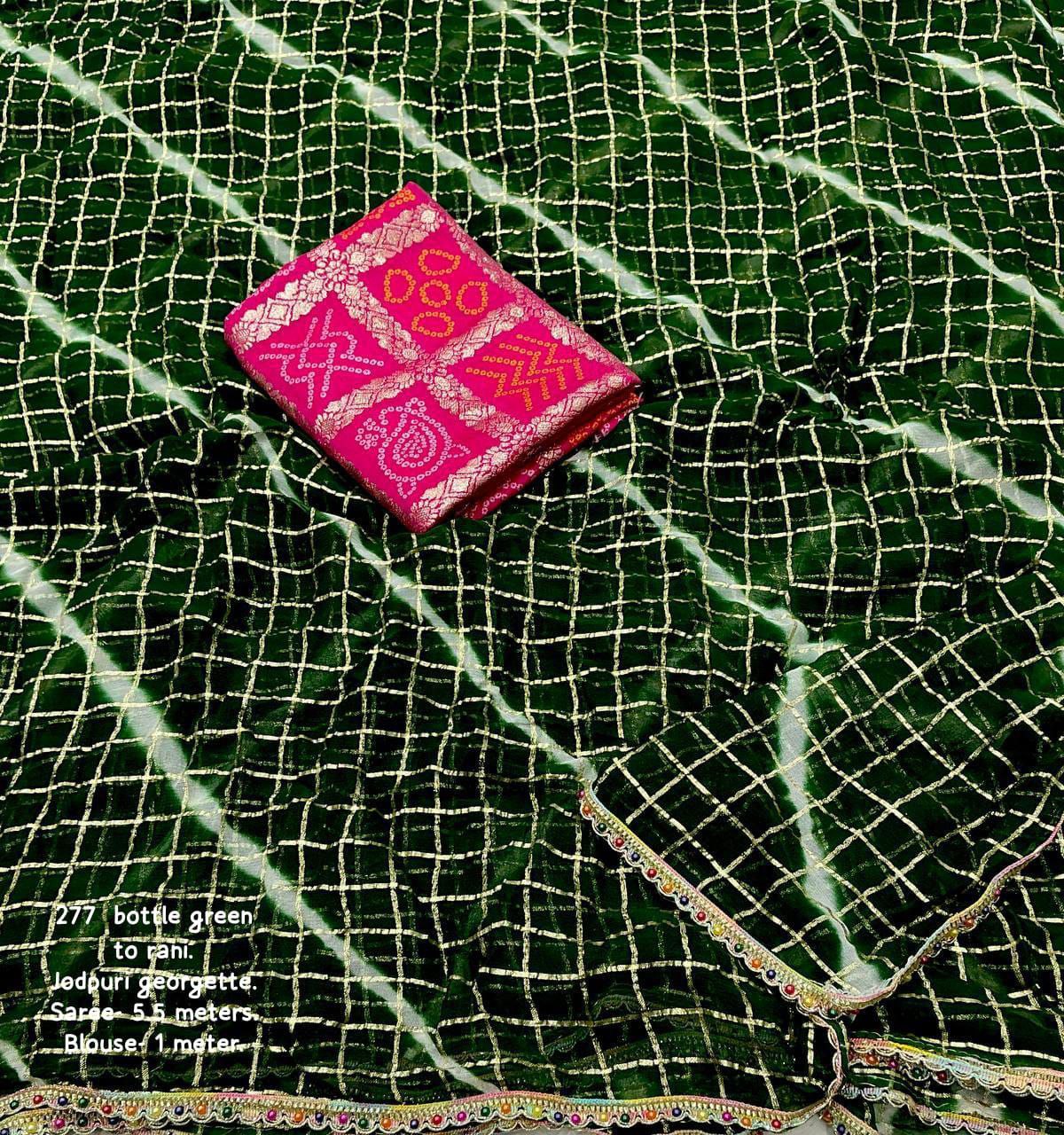 Pure Georgette Rajasthani Style Jodhpuri Leheriya Saree with Zari Woven Chex and Multi-Moti Lace