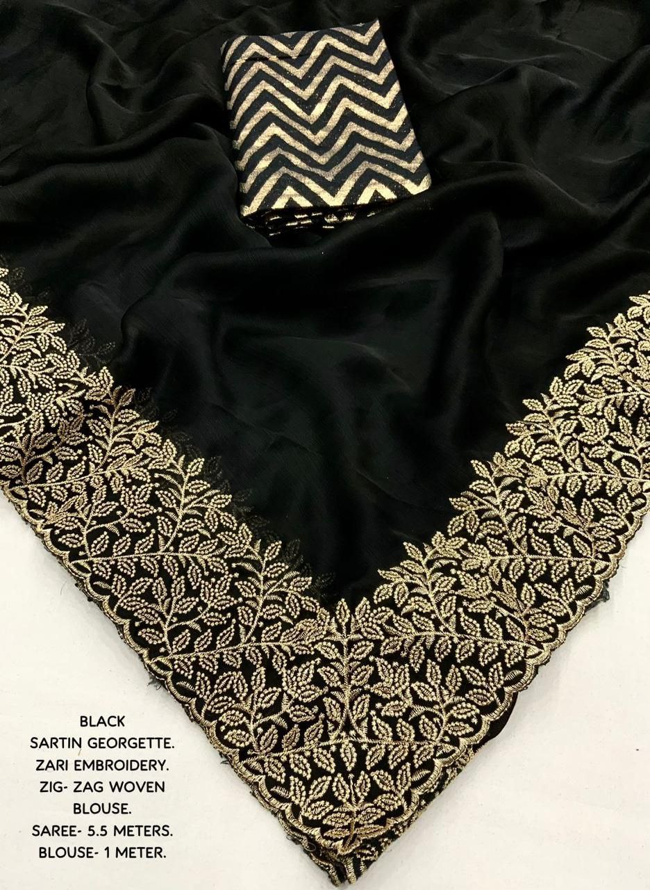Elegant Black Zari Embroidered Georgette Saree with Silk Blouse