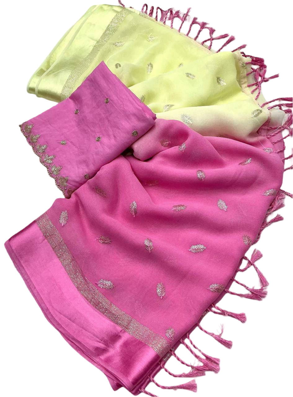 Pure Georgette Satin Saree with Satin Pattu Woven Border and Tassels