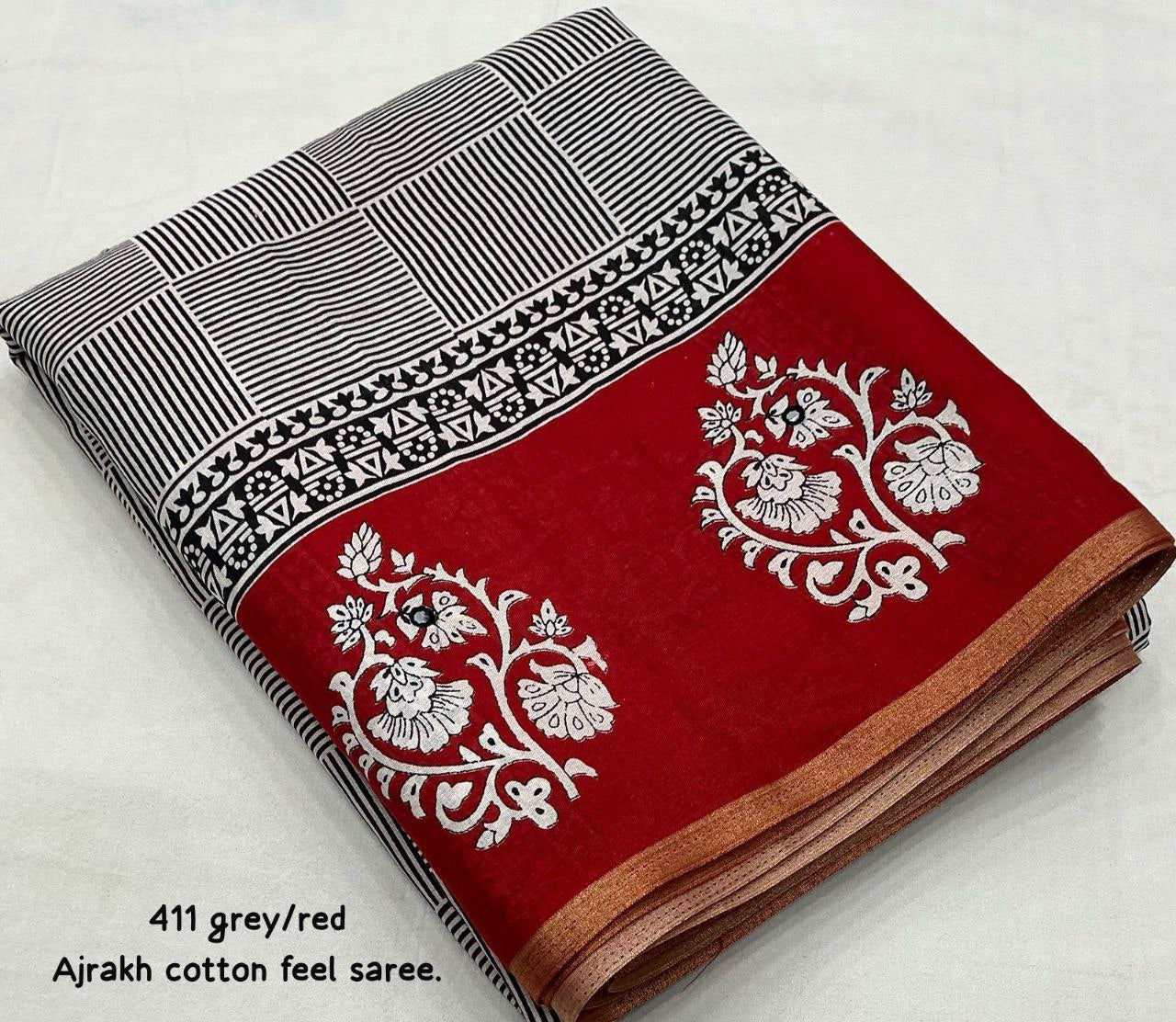 Elegant Zari Border & Aari Mirror Work Ajrakh Cotton Saree with Blouse