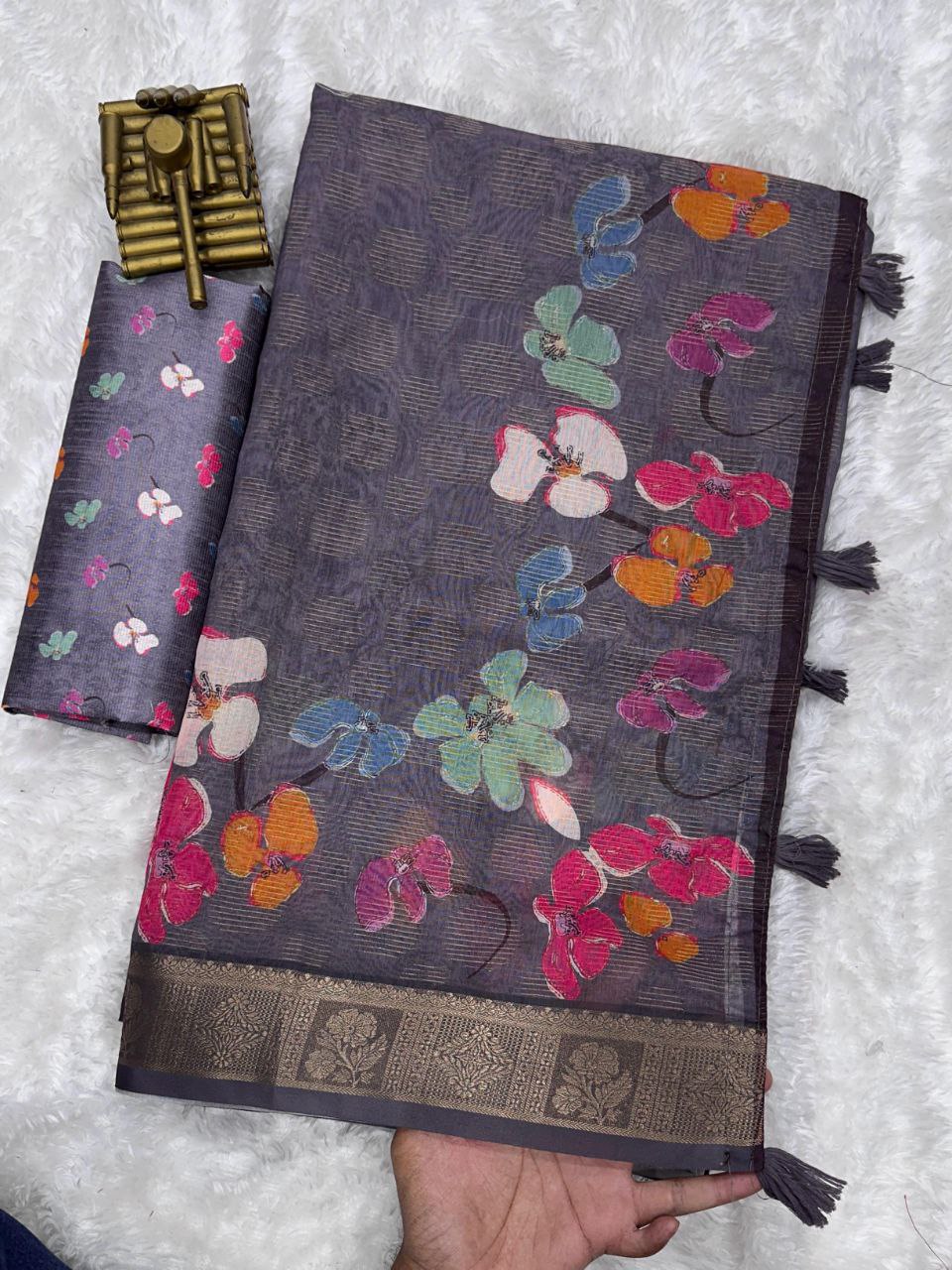 Elegant Zari Jacquard Border 3D Floral Print Cotton Silk Saree with Blouse