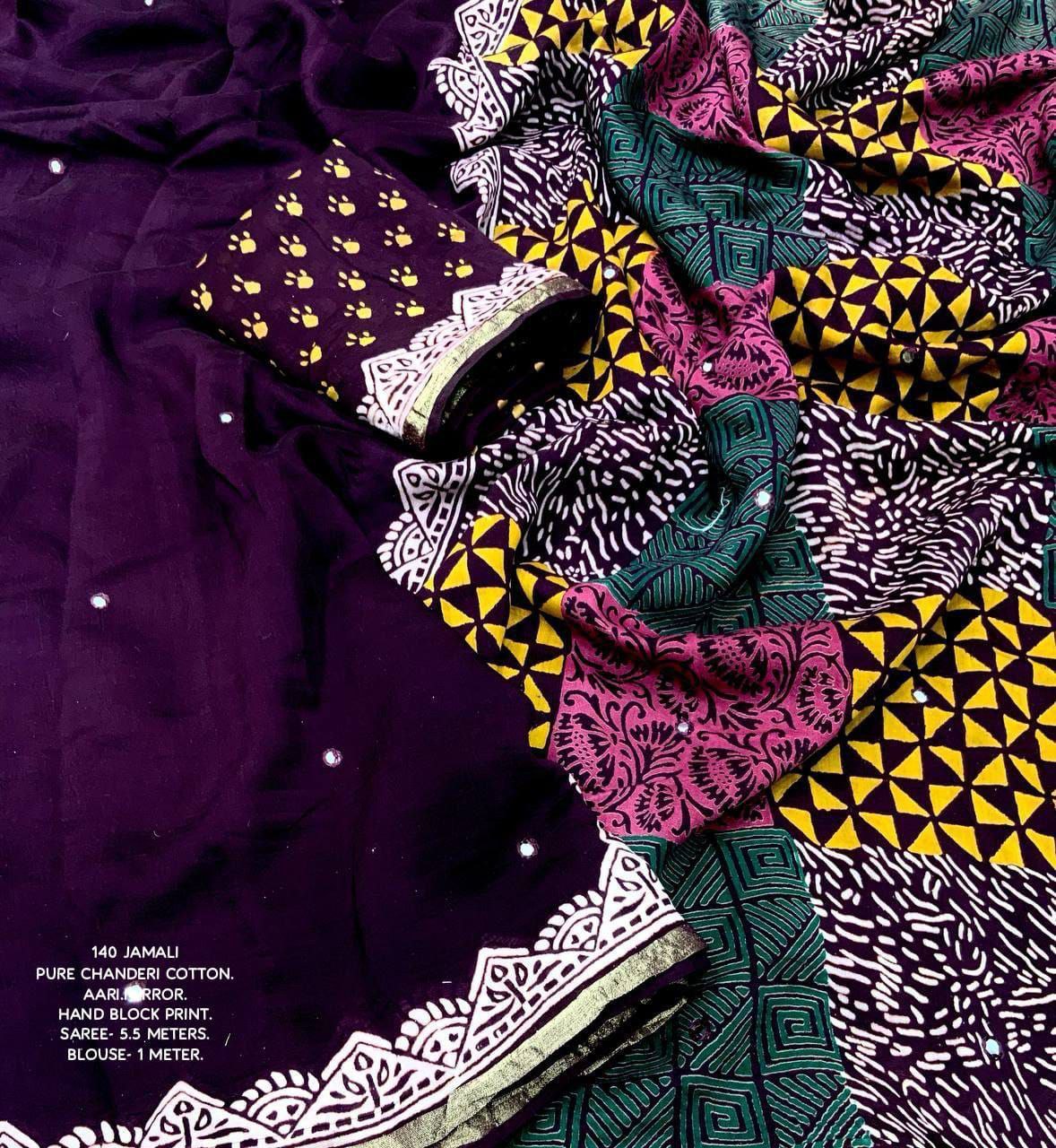 Pure Chanderi Cotton Aari Mirror Work Hand-Block Printed Saree With Blouse