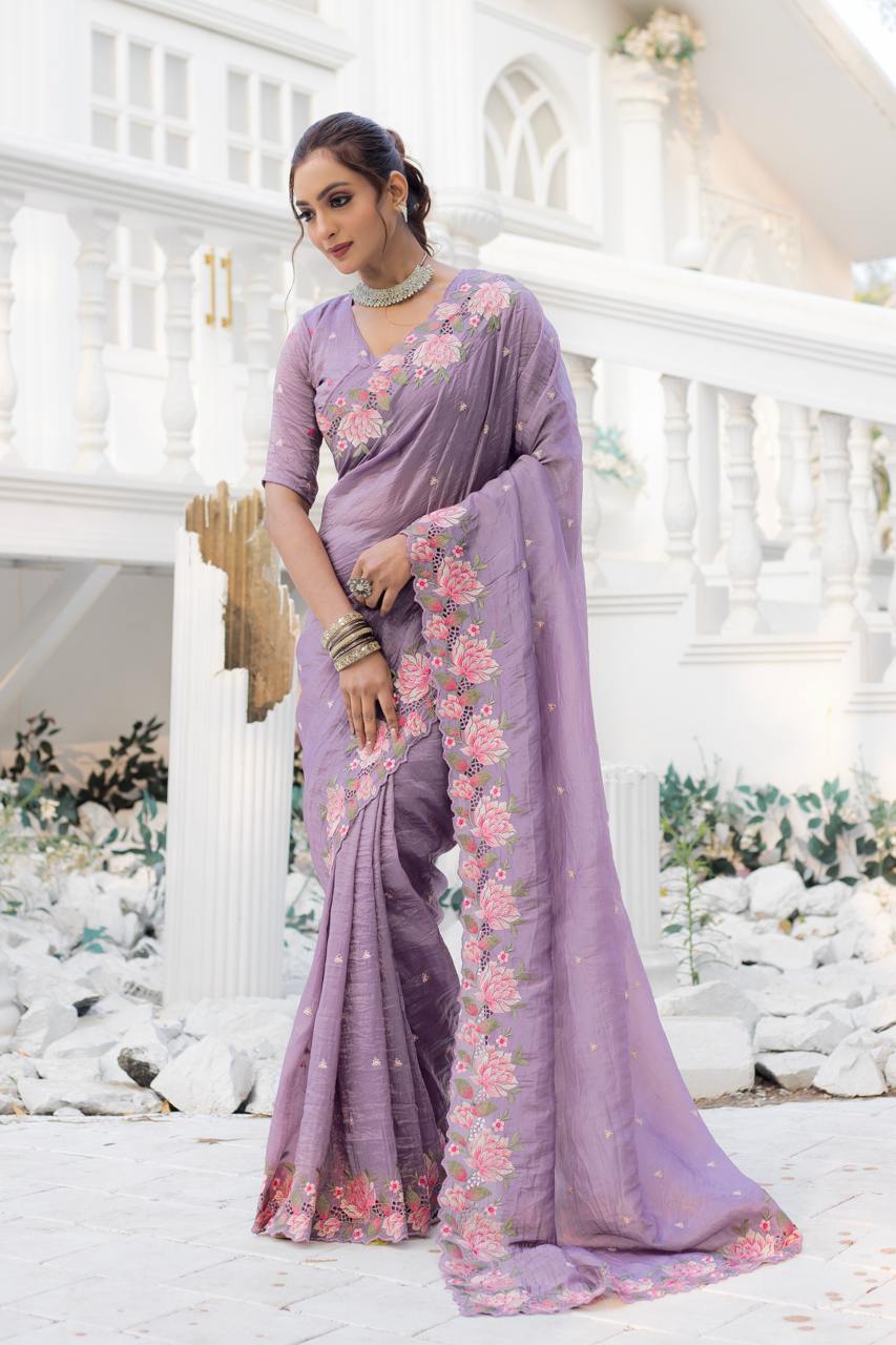 Embroidery & Cut Work Design Pure Crush Silk Saree with Blouse
