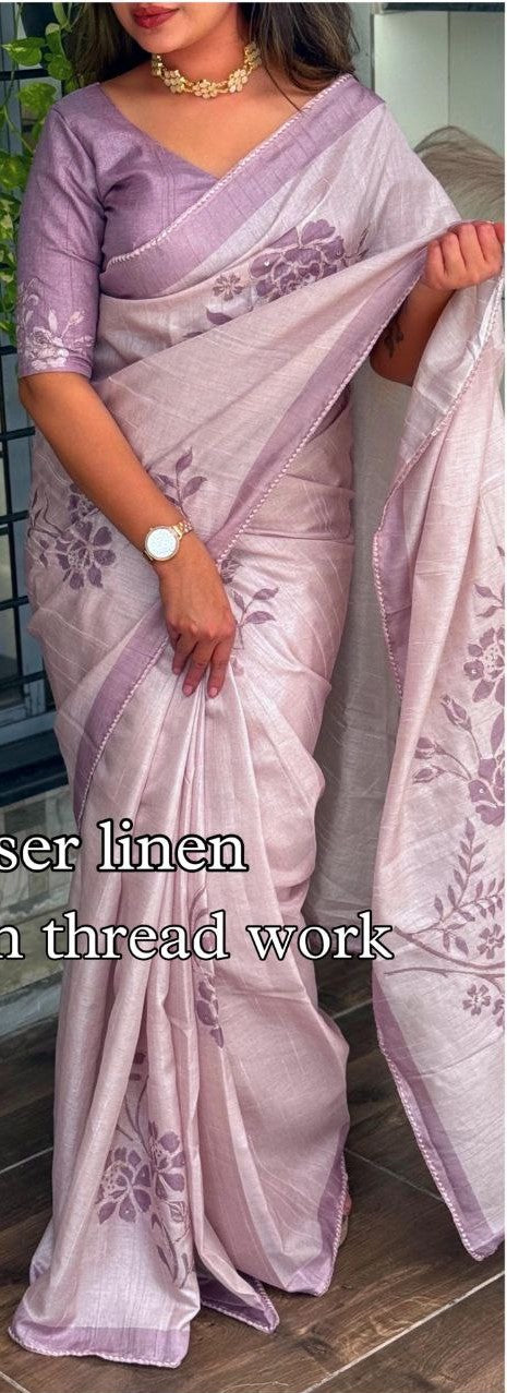 Hand Kantha Work Pure Tusser Linen Saree with Blouse