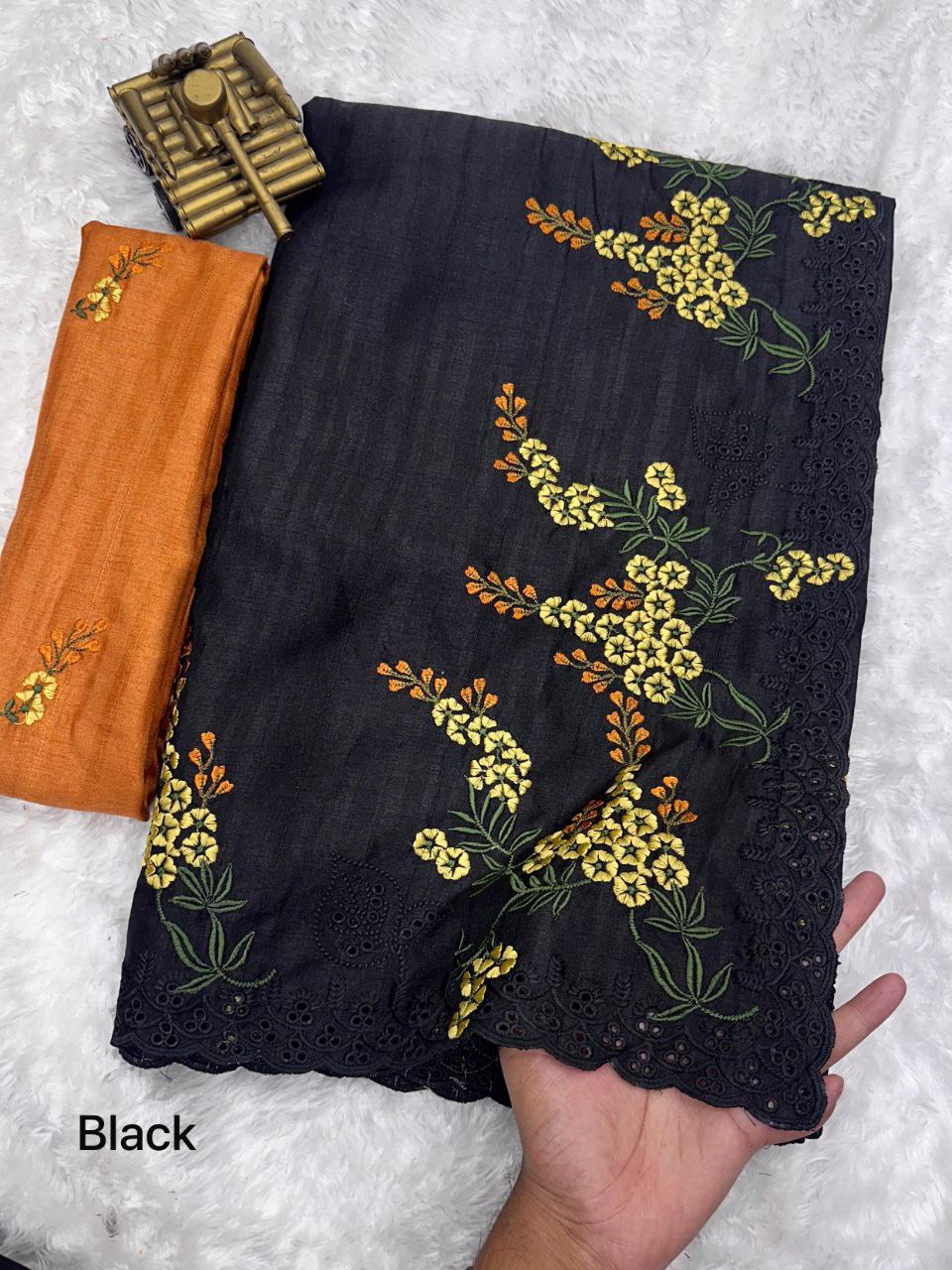 Elegant Tusser Cotton Embroidered Saree with Cutwork Detailing