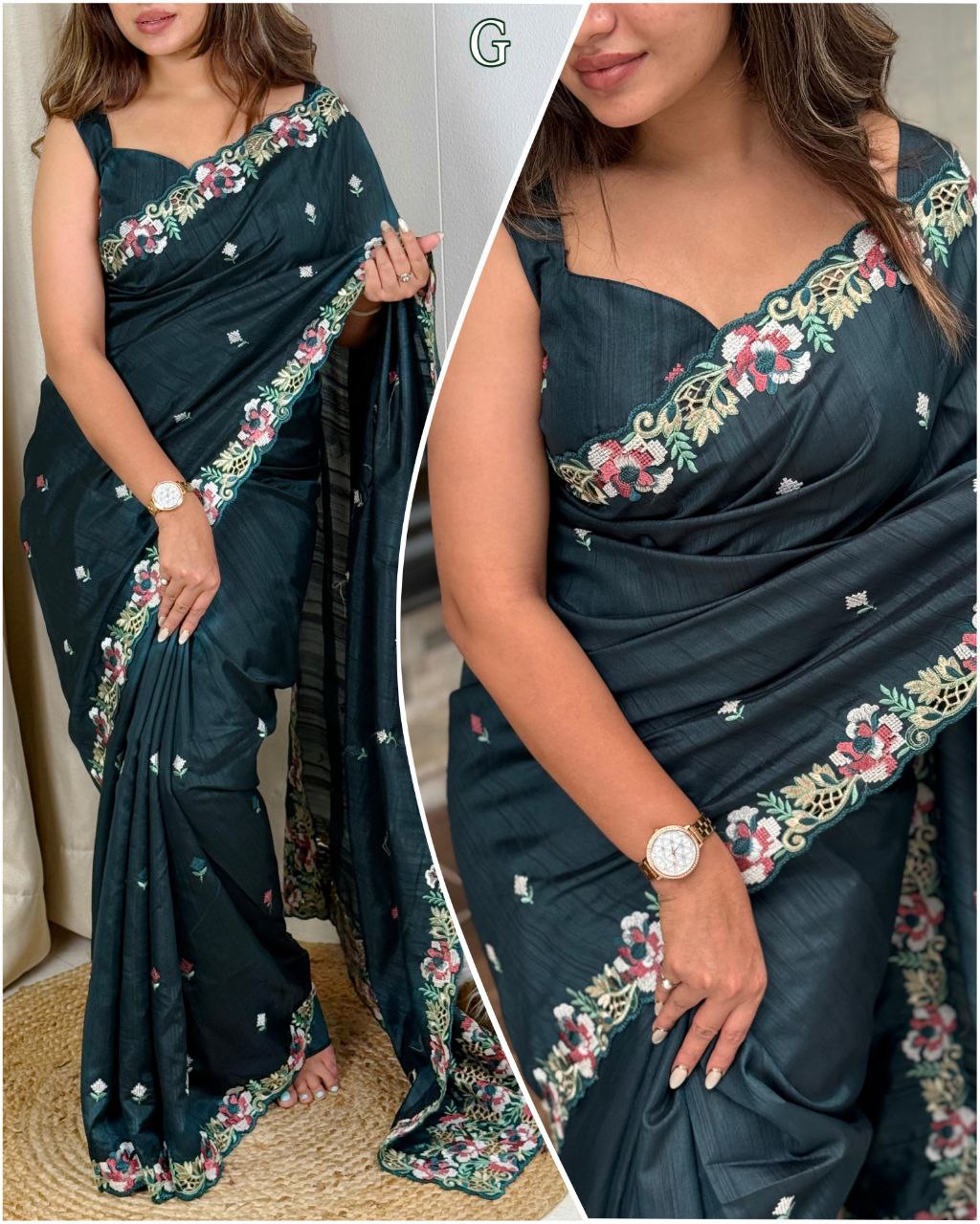 Cut Work Visca Slub Silk Saree with Embroidered Blouse