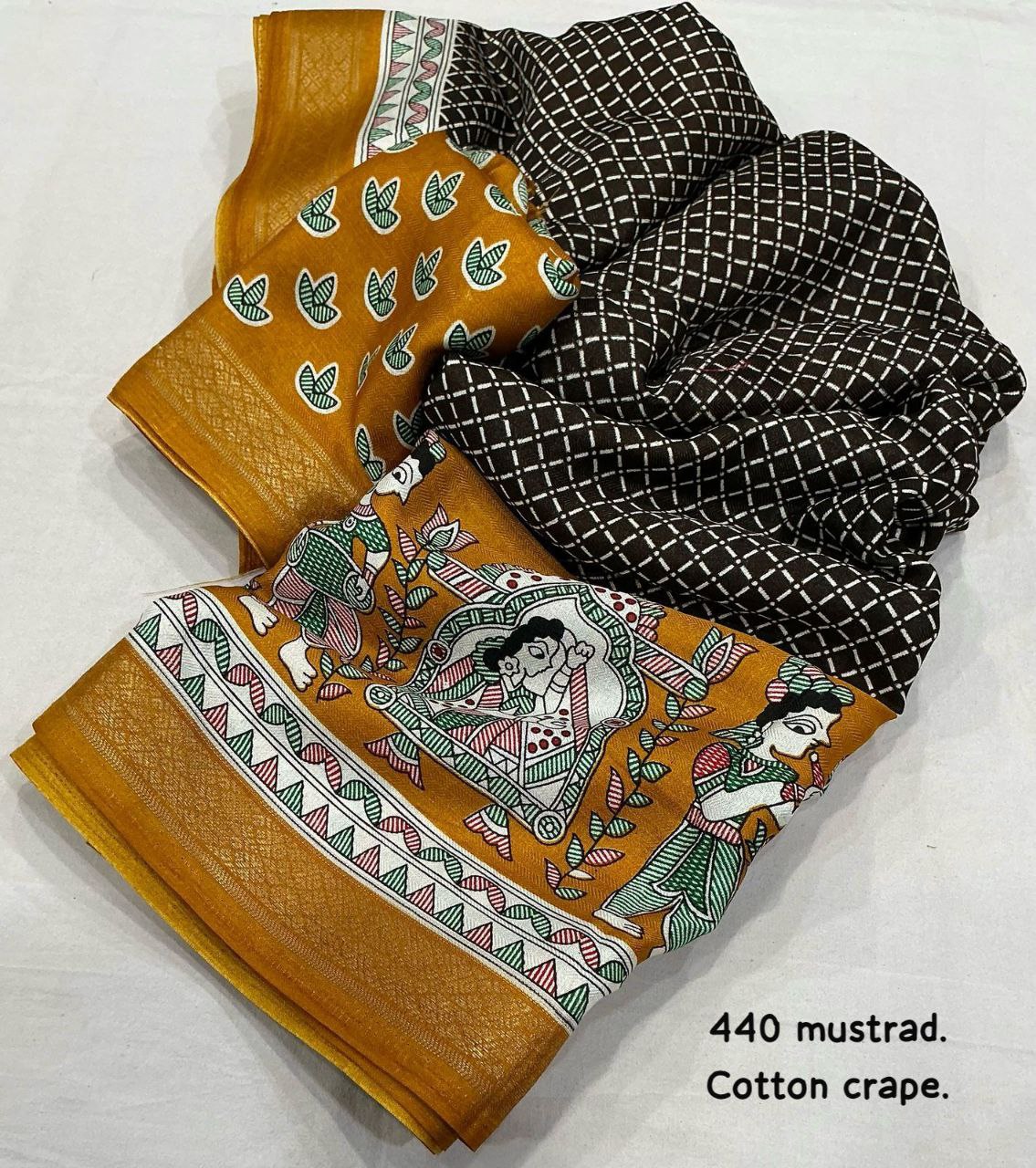 Soft Pashmina Cotton Crape Saree with Zari Border & Printed Blouse