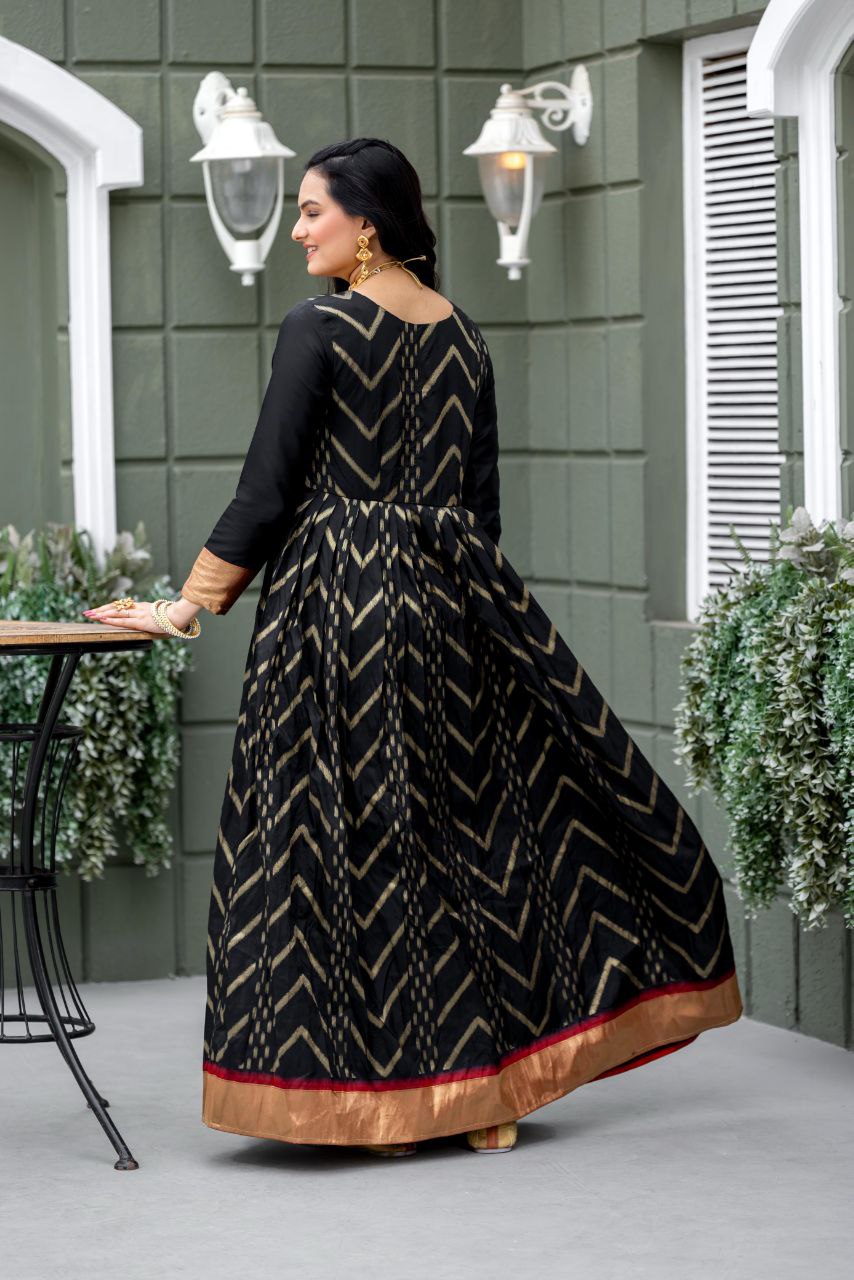 Soft Silk with Pleated Yoke Black Zari-Woven Chevron Gown