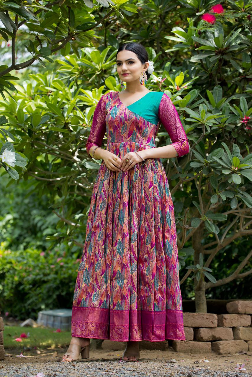 Copper Weaving & V Neck Banarasi Soft Silk Gown