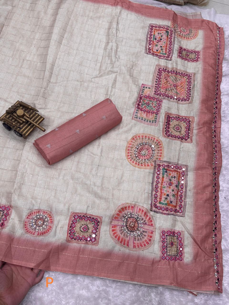 Batik Printed Hand Mirror Work Pure Tusser Cotton Saree with Blouse