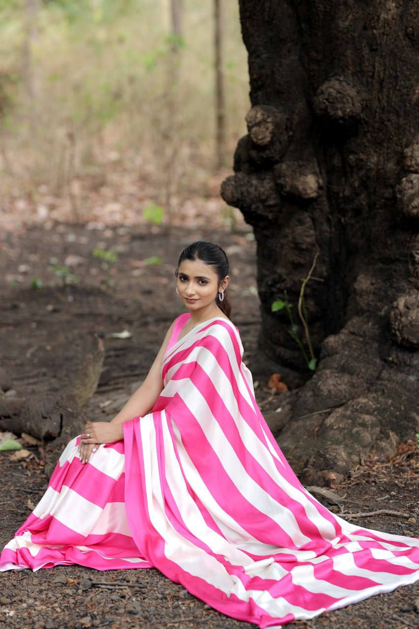 Pink White Striped Japan Satin Saree with Digital Print Blouse