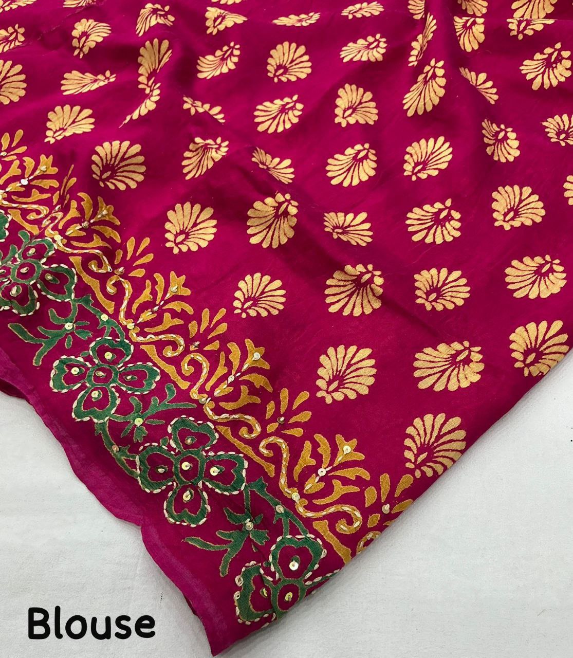 Ajrakh Handwork Kantha & Sequin Detailing Rani Pink Pure Chanderi Cotton Saree with Blouse