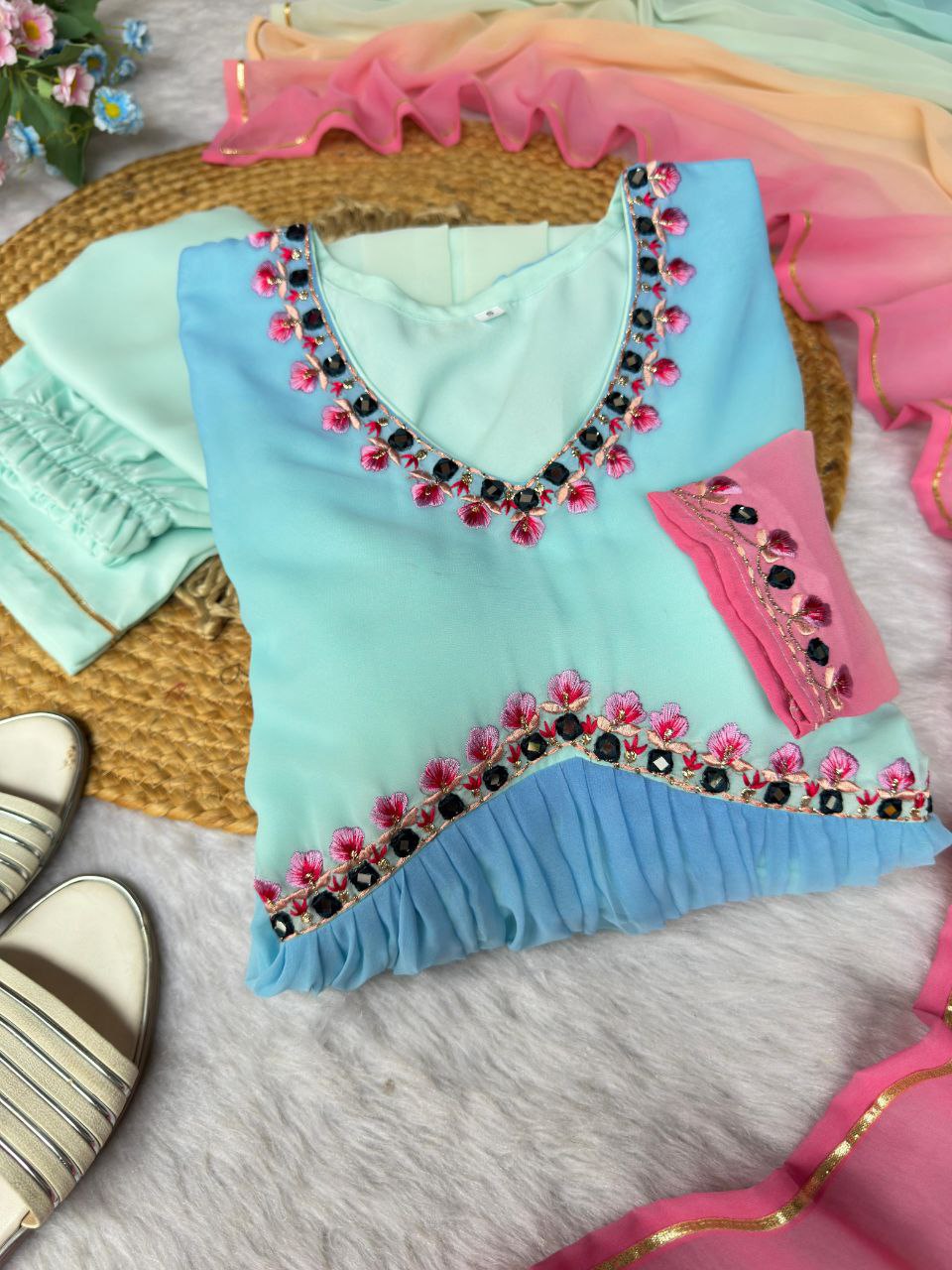 Alia Cut Padding Blue Partywear Gown with Dupatta & Pant Set