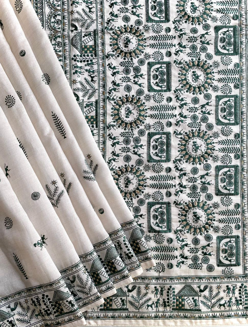 Baluchar Embroidered Pallu & Piping Border Pure Tussar Silk Saree With Blouse