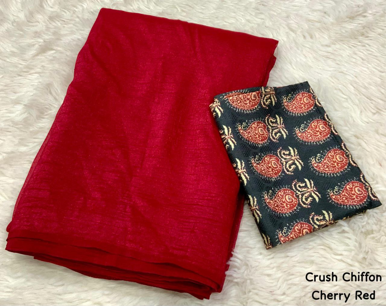 Cherry Red & Z-Black Soft Crush Chiffon Saree with Fancy Linen Printed Blouse
