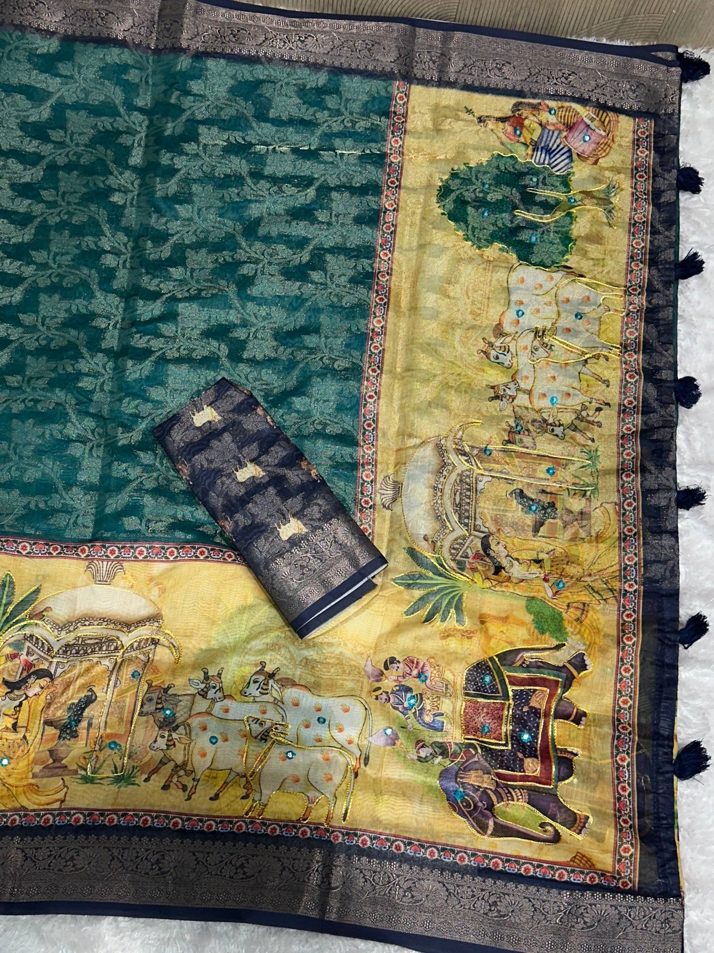 Exclusive Pichwai Hand Katha & Mirror Work Jacquard Border Printed Pure Cotton Saree with Blouse