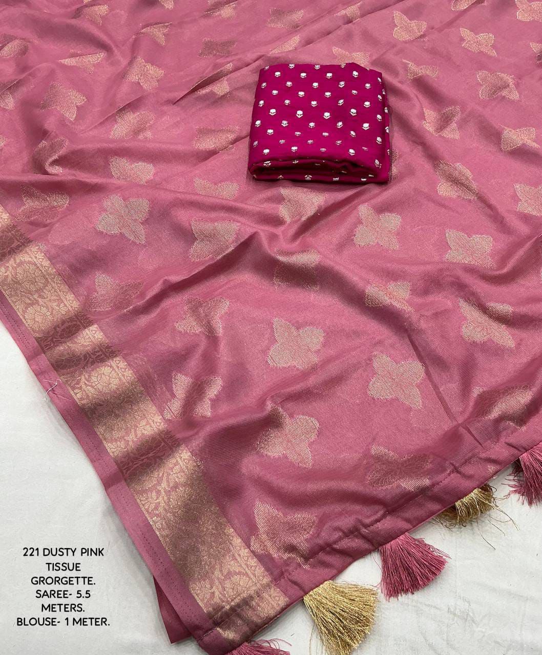 Premium Zari Woven Border & Butta Tissue Georgette Saree with Blouse