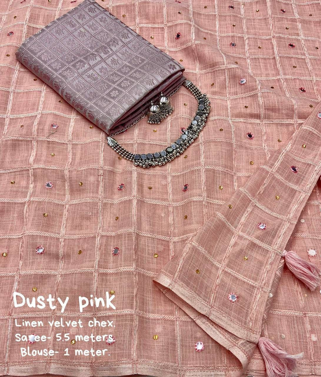 Aari Mirror & Diamond Work Linen Velvet Chex Saree With Blouse | Free Choker Set & Earrings