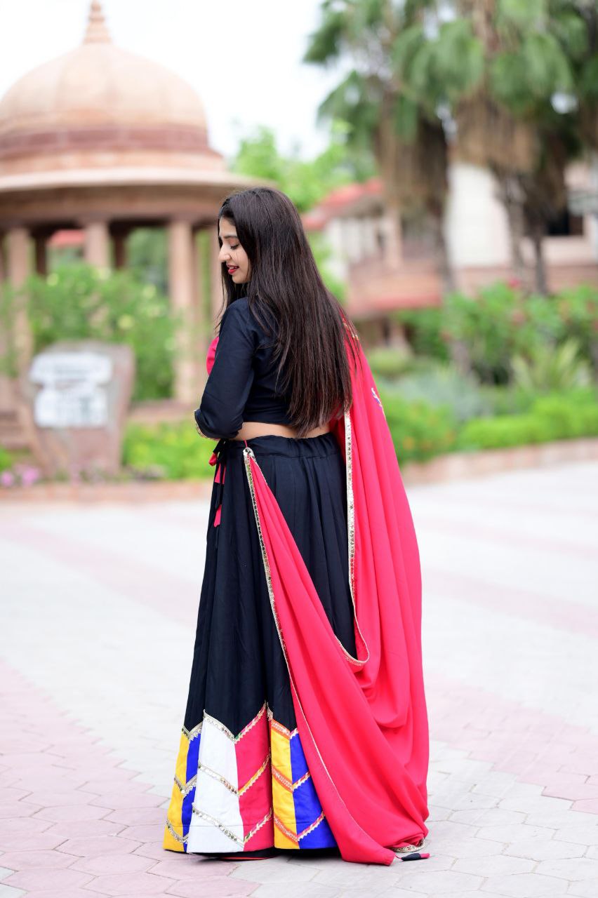 Women's Navratri Wear Multi-color applique work Ready to Wear Pure Rayon Cotton Lehenga Choli Set