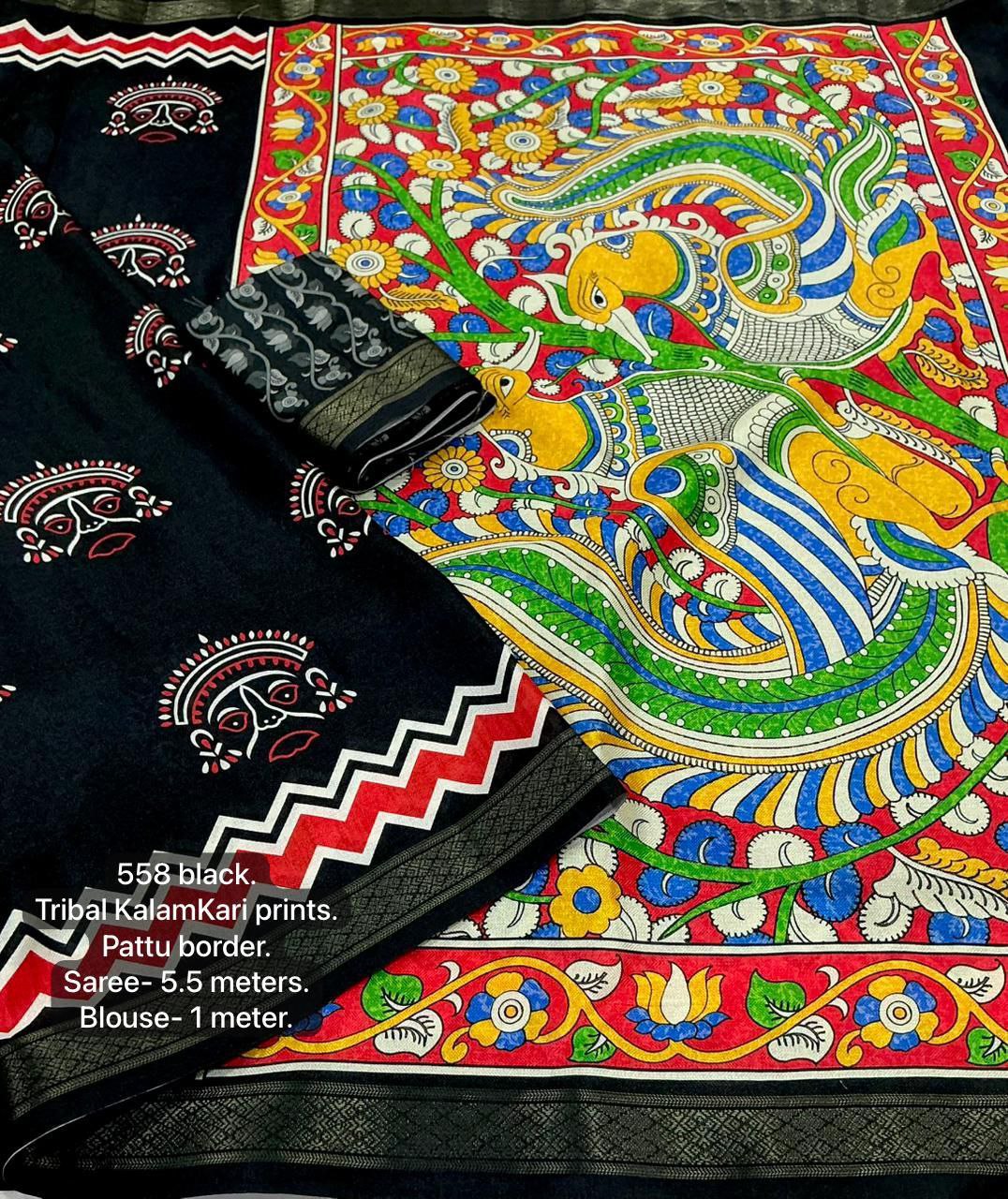 Soft Pashmina Silk with Zari Pattu Border & Jacquard Weave Goddess Kalamkari Black Saree With Blouse