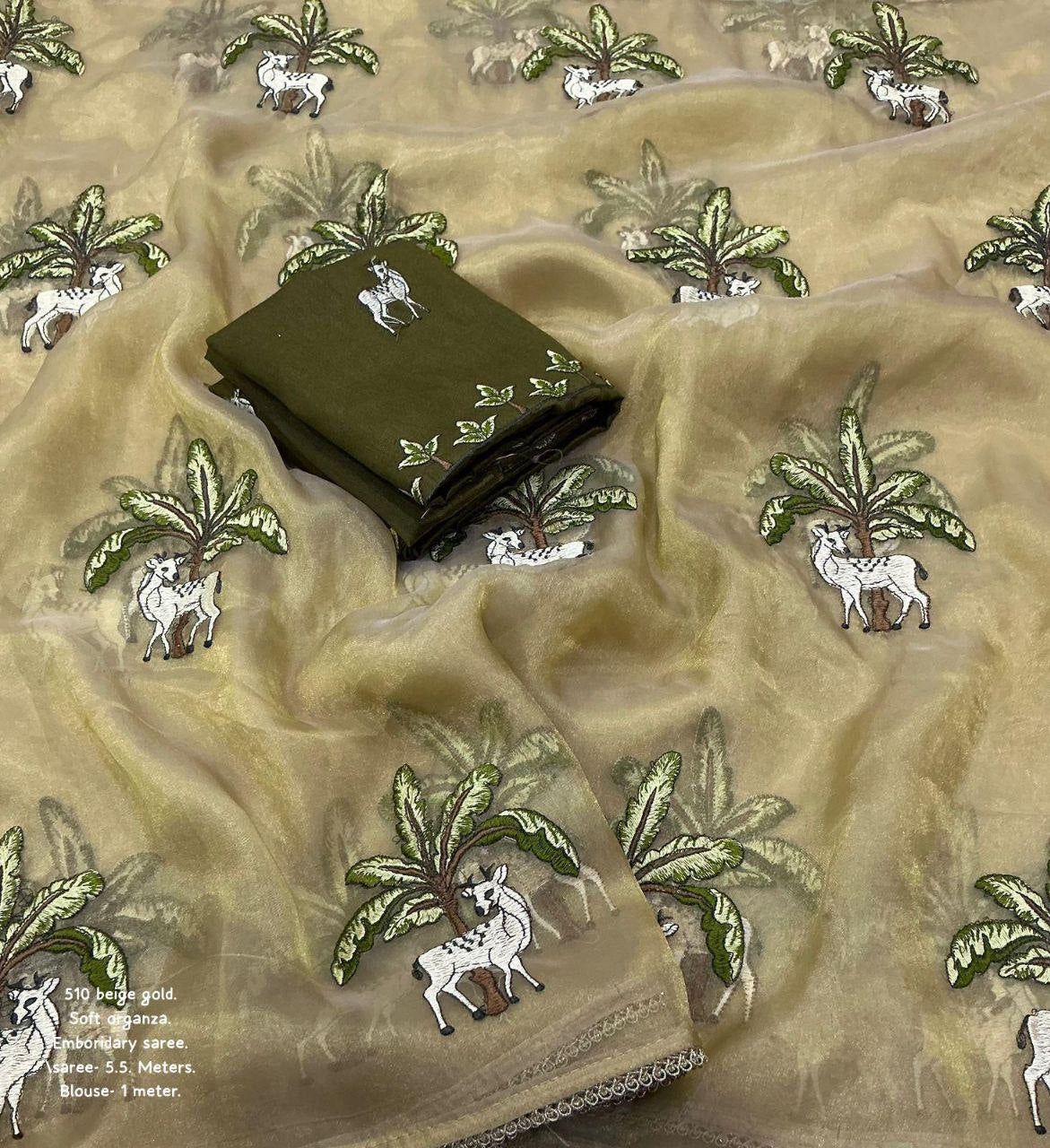 New Beige Gold Heavy Embroidered Organza Saree With Matching Mahendi Silk Blouse