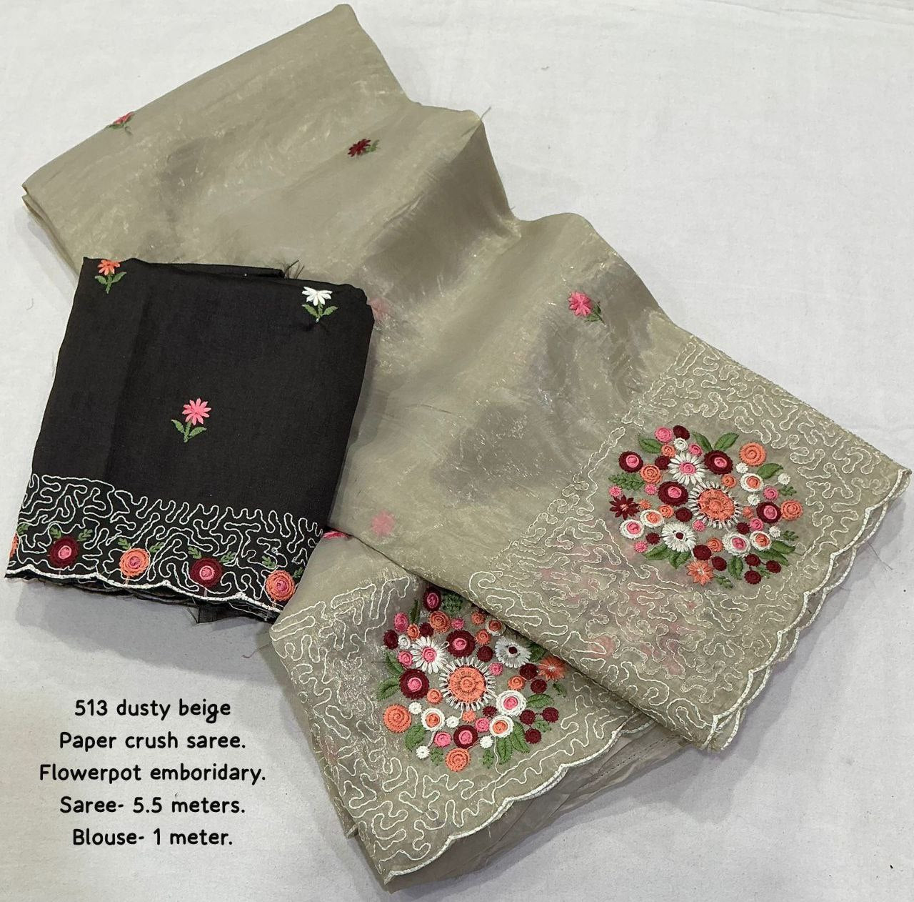 Soft Paper Crush Embroidery Saree with Contrast Phantom Silk Blouse