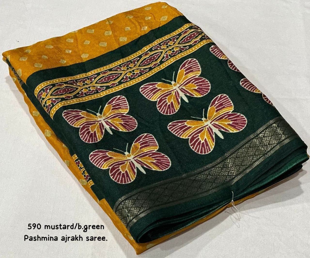 Women's Zari Pattu Woven Border Ajrakh Butterfly Design Pashmina Silk Saree with Blouse