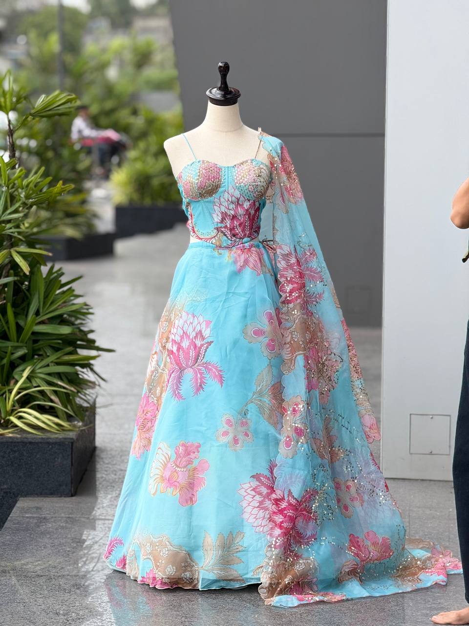 Elegant Digital Print Organza Lehenga ,Corset Blouse , Embroidered Dupatta and Batwa Purse