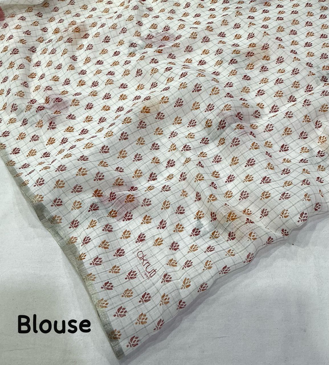 Zari Woven Border Aari Mirror Work Pure White Linen Checkered Saree with Blouse