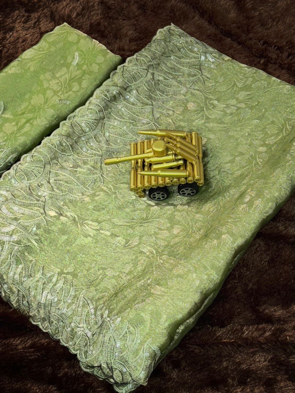 Embroidered Nc Satin Party Wear Shiny Self Jacquard Saree with Unstitched Blouse