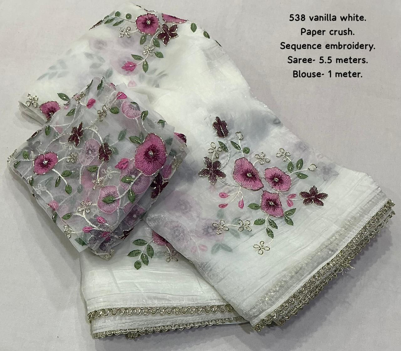 Floral Embroidered Hand Pearl Sequins Work Outing Paper Silk Saree with Unstitched Blouse Piece