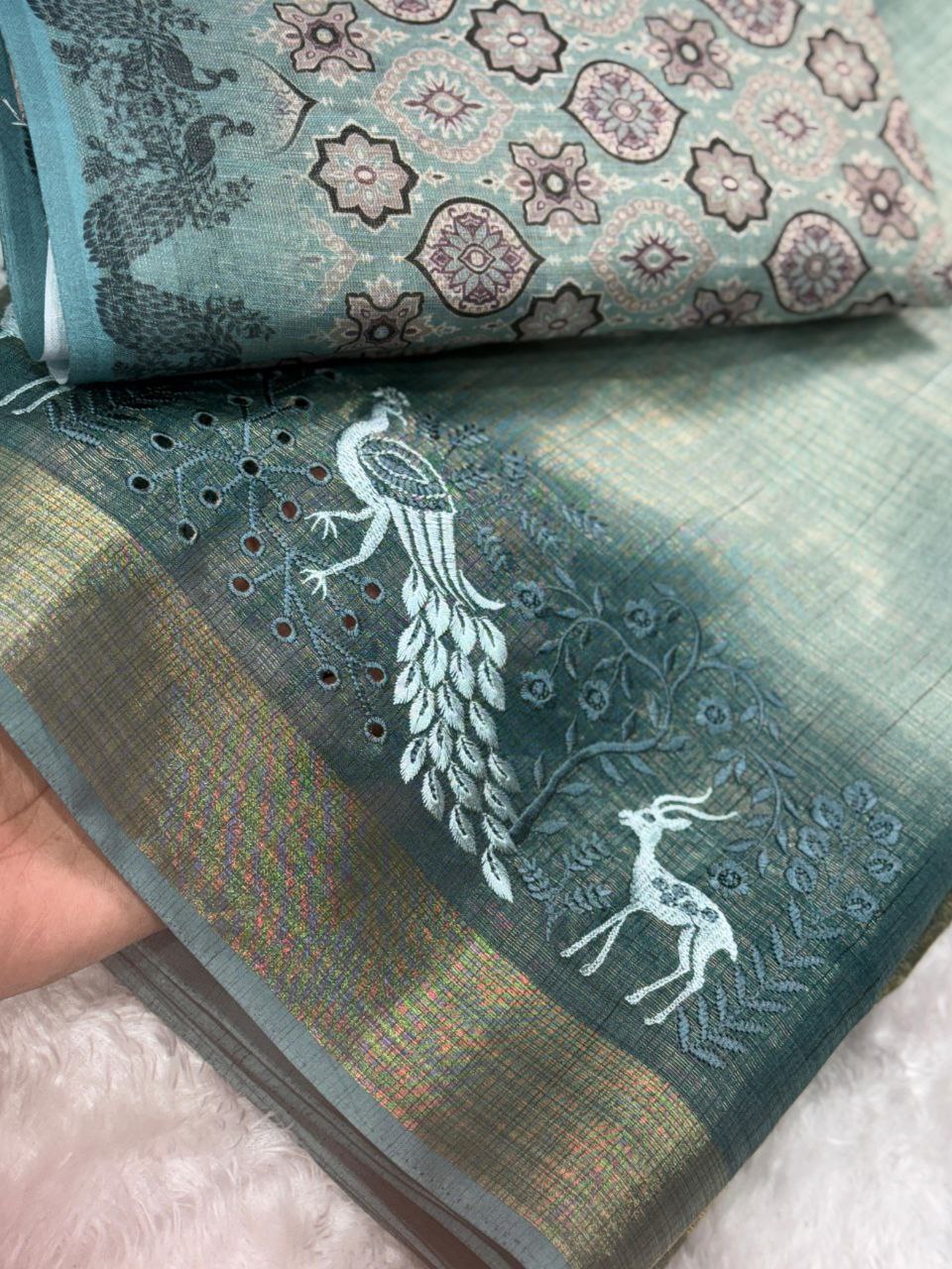 Embroidered Boaring Work Zari Border Tussar Cotton Saree With Ajrakh Print Blouse