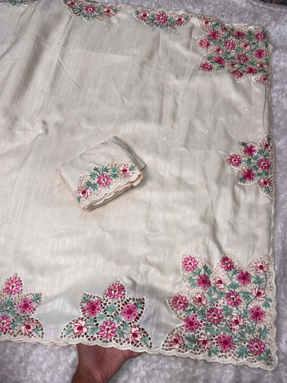 Floral Cutwork Embroidered Tussar Cotton Saree with Unstitched Blouse