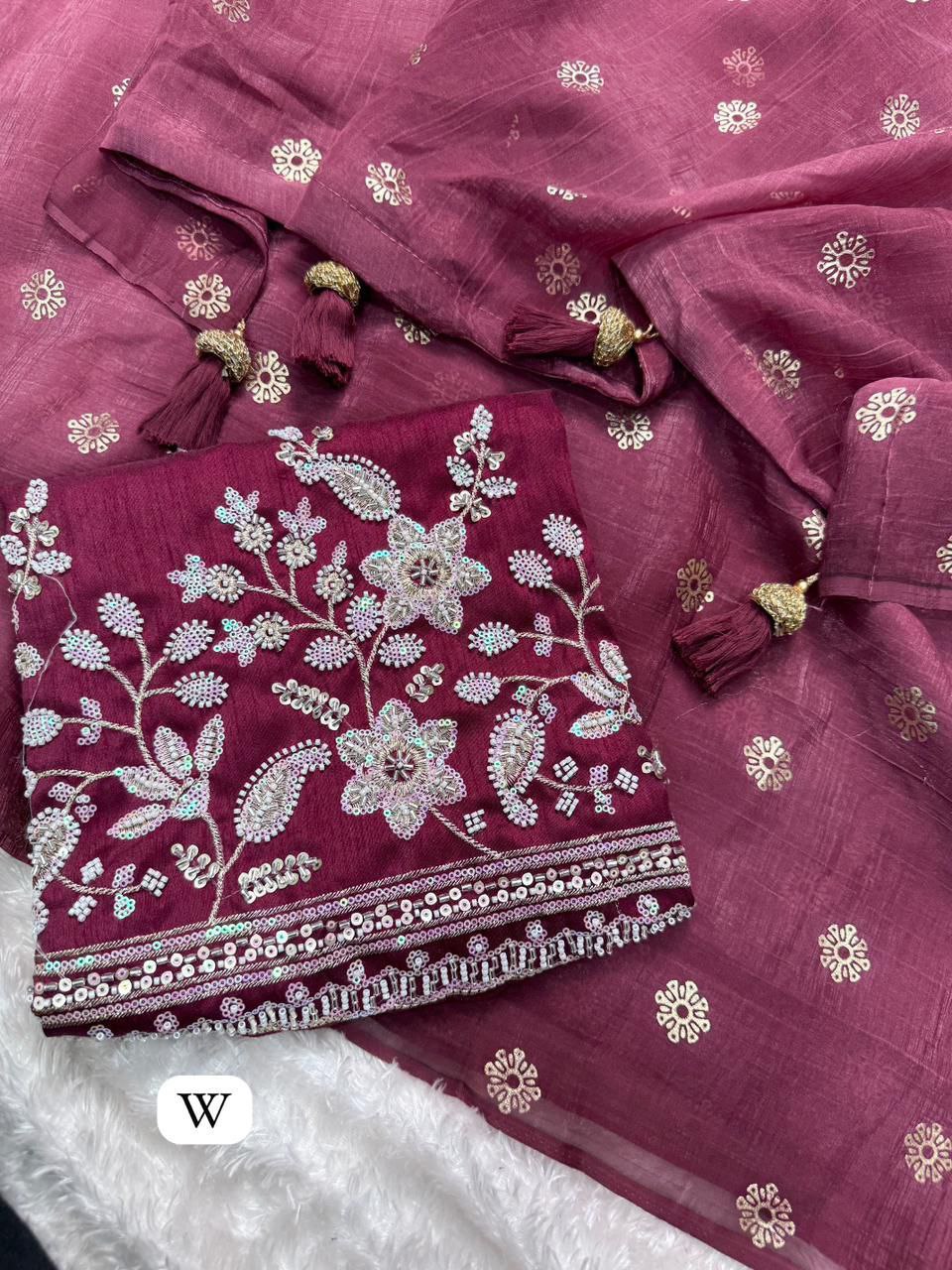Premium Tissue Crunchy Silk Saree with Bead & Sequins Embroidered Blouse