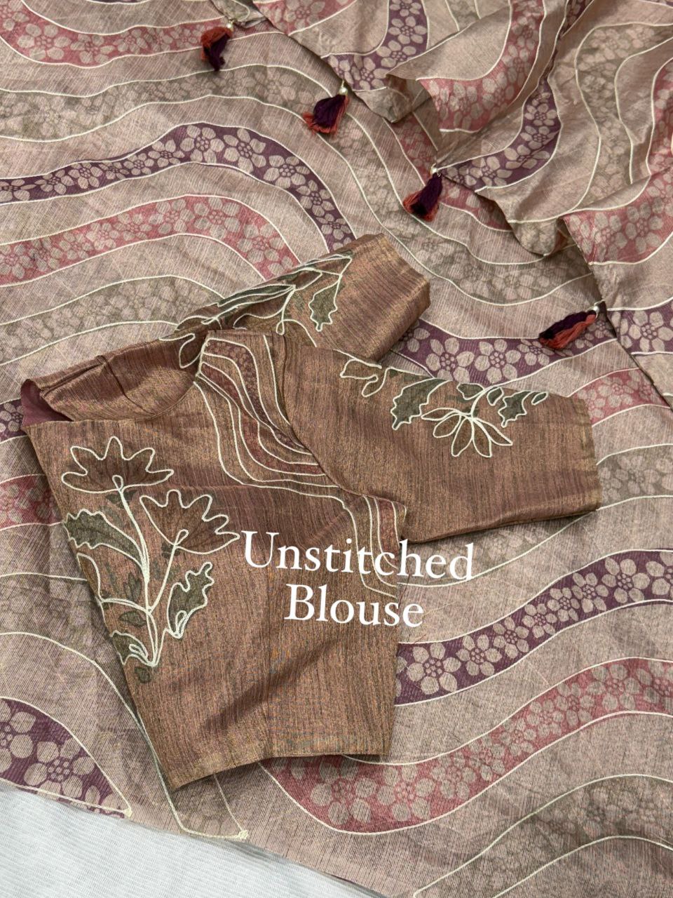 Hand Kantha Work & Digital Print Elegant Linen Cotton Saree With Blouse