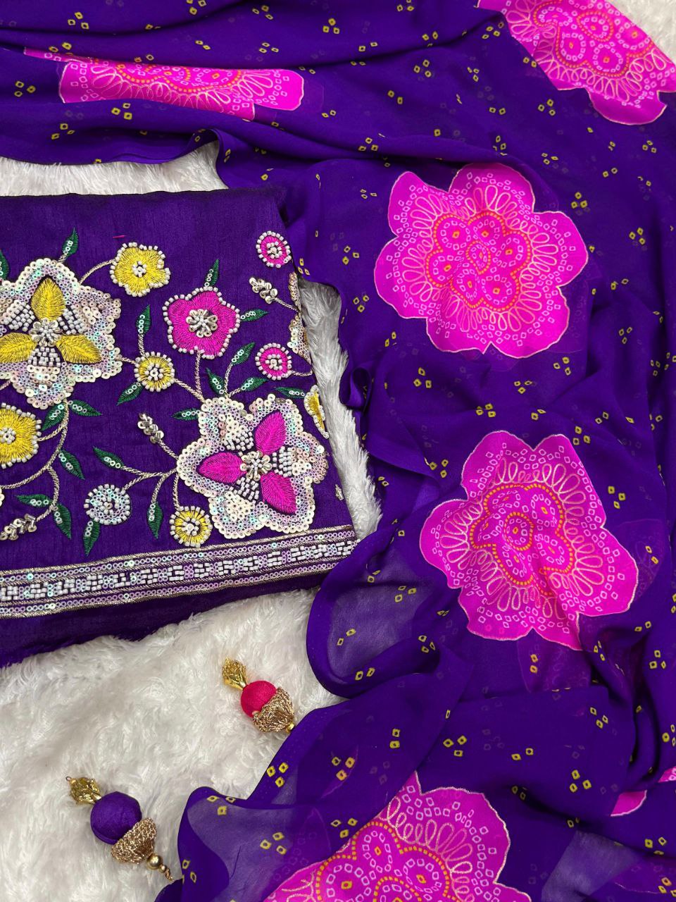 Heritage Bandhej Georgette Saree with Bead & Pearl Embroidered Blouse