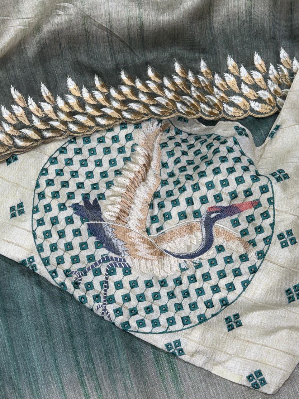 Digital Print & Kashmiri Embroidery Work Designer Tussar Silk Saree with Blouse