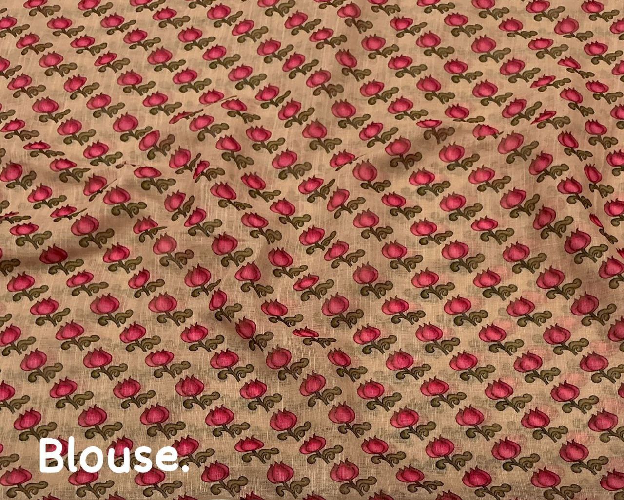 Aari Mirror Work Fancy Beige Kalamkari Printed Linen Saree with Blouse