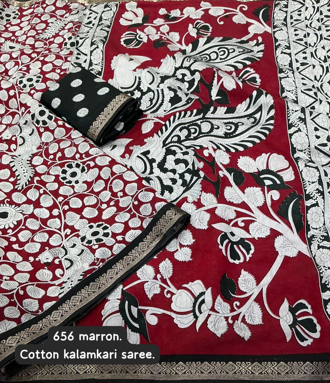 Soft Cotton Kalamkari Printed Zari Woven Border Saree with Running Butti Blouse
