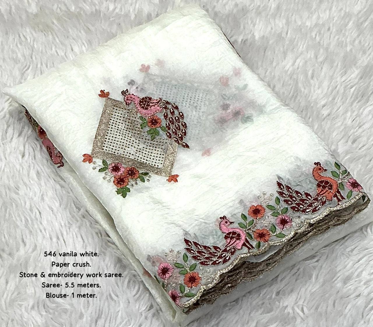 Premium Embroidery Peacock Design Stone Work Paper Crush Saree with Banarasi Zari Blouse