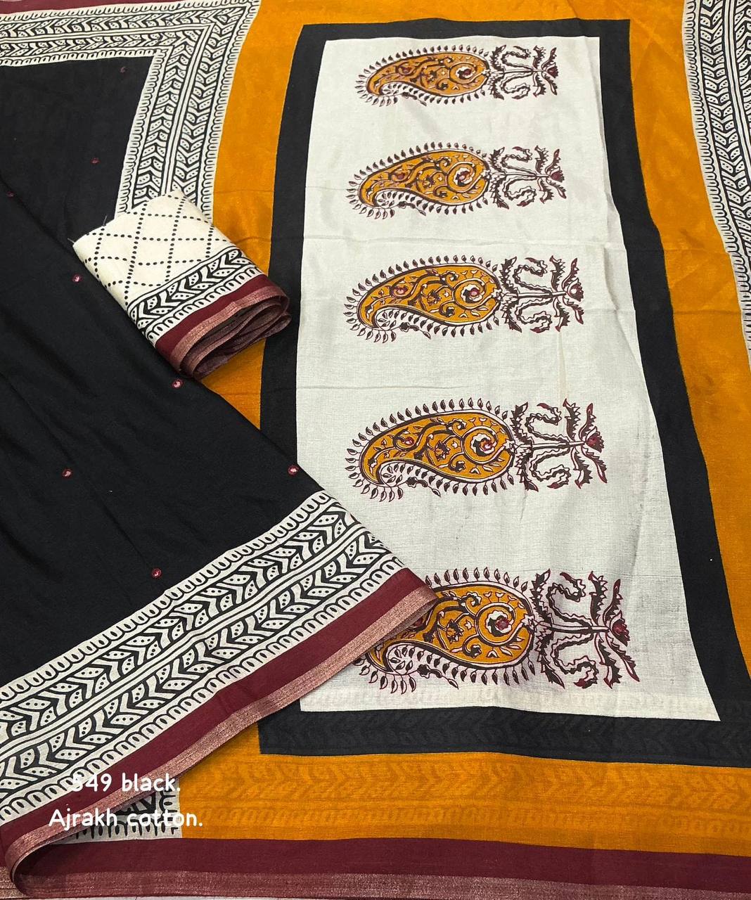 Women's Classic Zari Border and Mirror Work Ajrakh Cotton Printed Saree with Running Blouse