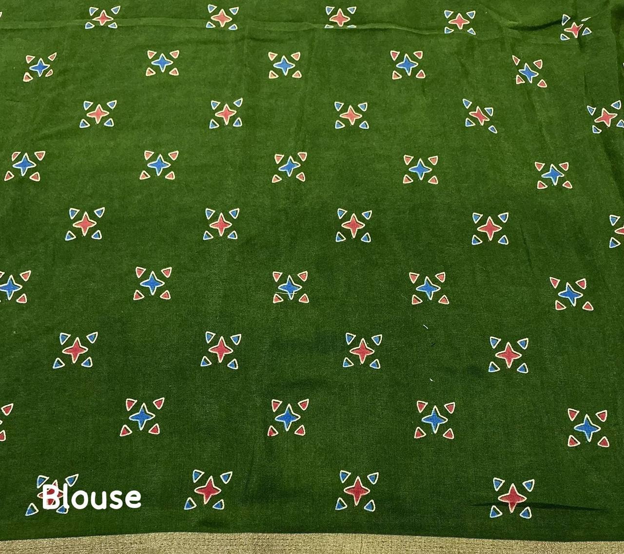 Women's Classic Zari Border and Mirror Work Ajrakh Cotton Printed Saree with Running Blouse